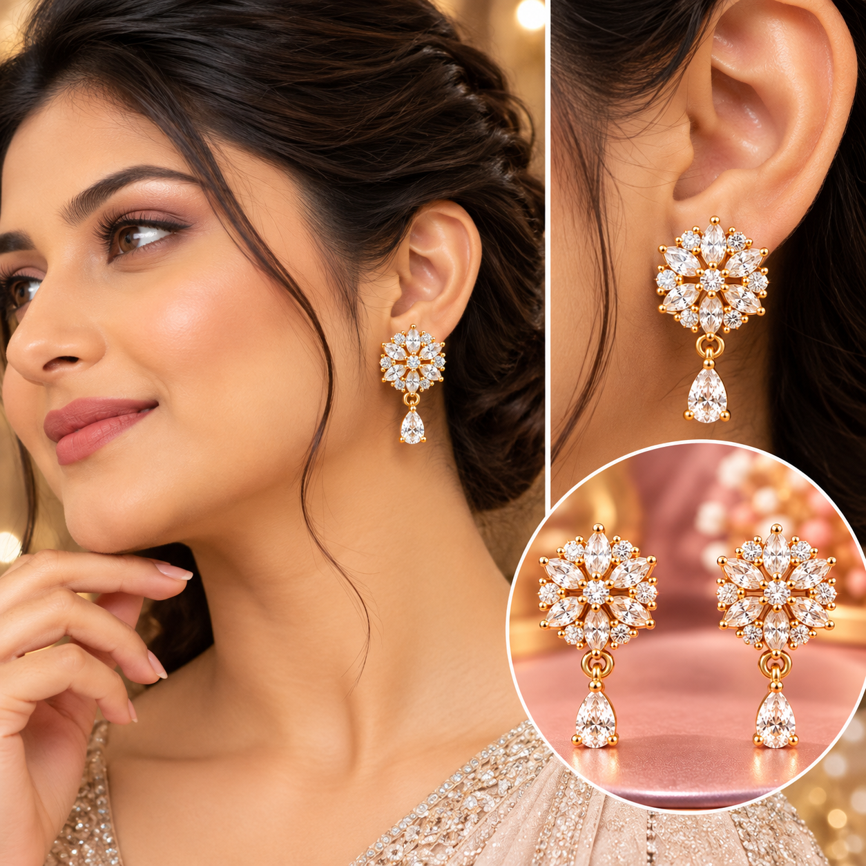 Royal Floral Marquise CZ Teardrop Gold Drop Earrings